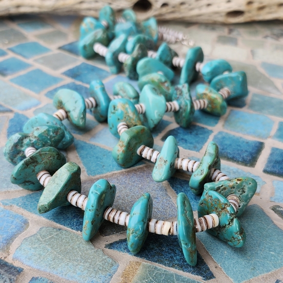 Sterling Silver Genuine Turquoise Chunky Heishe Necklace